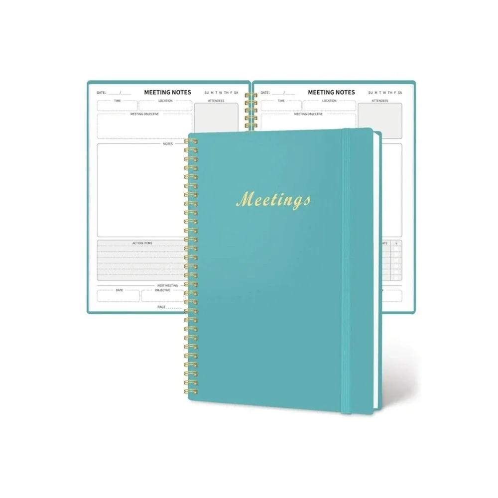 Meetings Notes Planner‎ Organizer Gold Spiral Teal Blue Undated Notebook